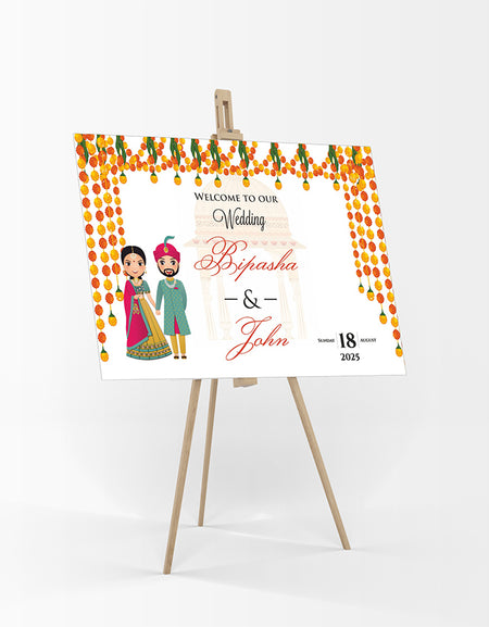 1073 – Traditional Caricature of Desi Couple A1 Size Wedding Welcome Sign