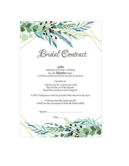 1074 – A1 Green Leaf Design Comical Bridal Contract, Marriage Contract