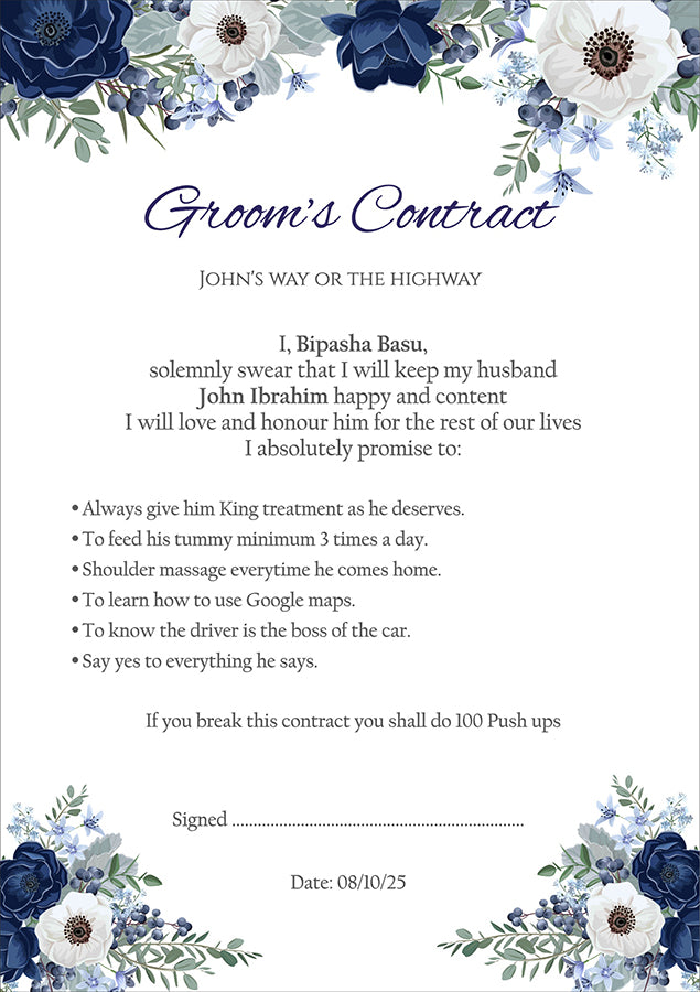 1085 - A1 Groom’s Contract Poster for Wedding
