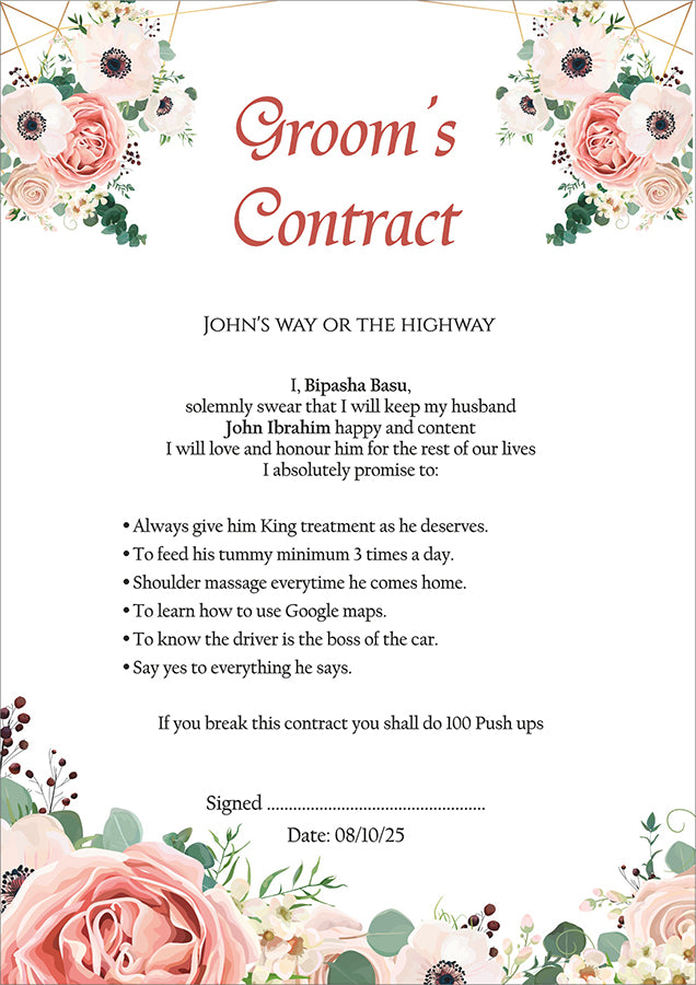 1091 - A1 Groom’s Contract Poster for Wedding