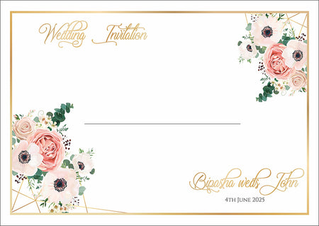 A5 cream envelope with white, peach, and green floral peonies and gold line border