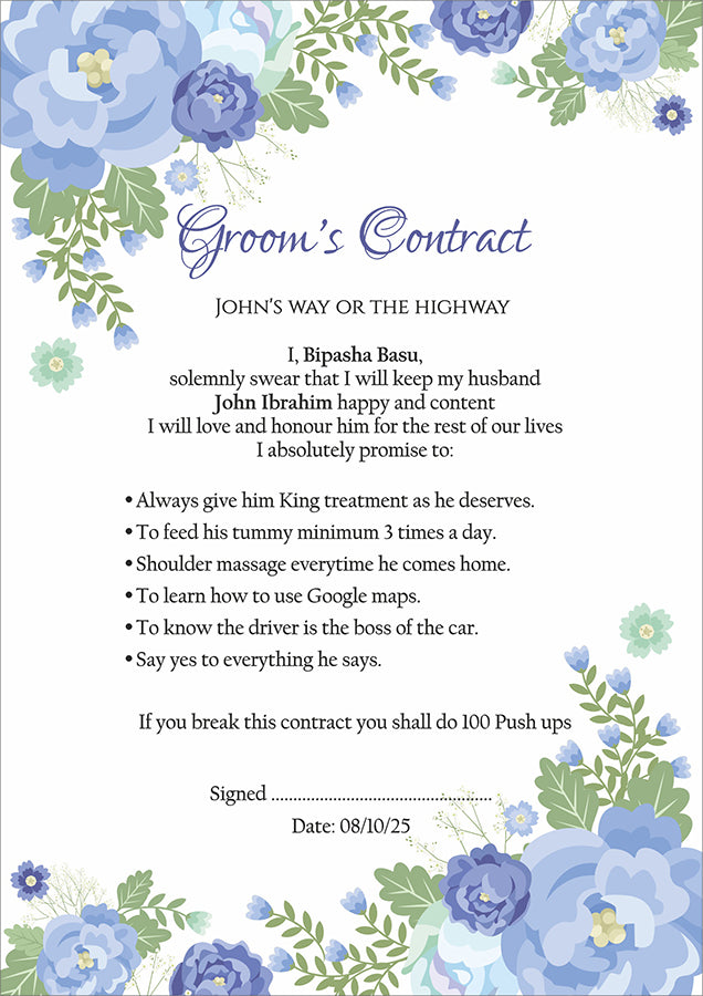 1131 - A1 Groom’s Contract Poster for Wedding