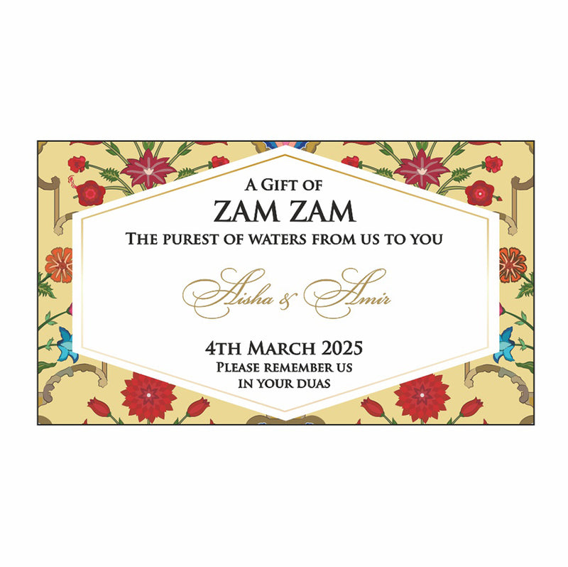 Vintage floral Zam Zam bottle stickers with custom text. shadi card