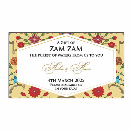 Vintage floral Zam Zam bottle stickers with custom text. shadi card