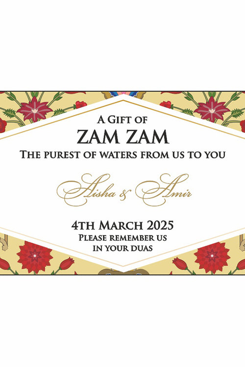 Load image into Gallery viewer, Vintage floral Zam Zam bottle stickers with custom text. shadi card
