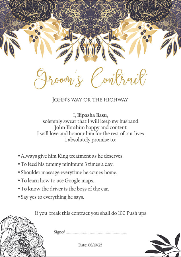 1151 - A1 Groom’s Contract Poster for Wedding