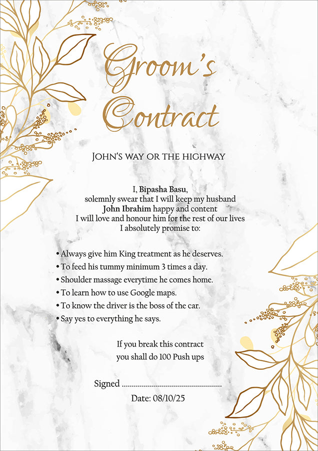 1170 - A1 Groom’s Contract Poster for Wedding