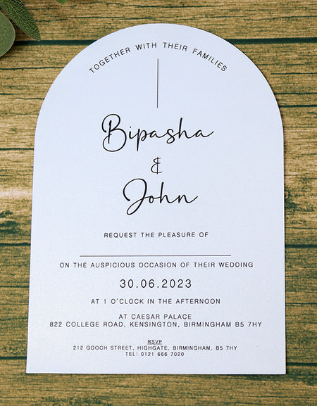 Lovely White Arched Party cards with black & white text.