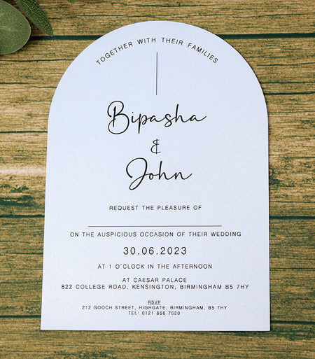Lovely White Arched Party cards with black & white text.
