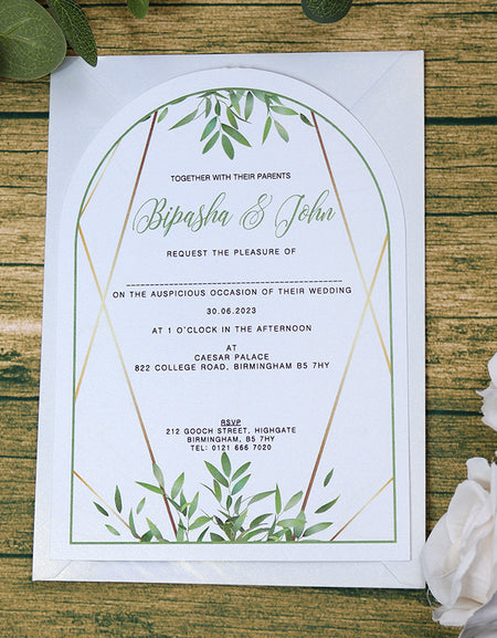 White Arch Green Leaf Floral A5 Invitation ABC 1210