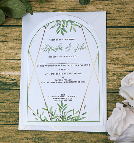 White Arch Green Leaf Floral A5 Invitation ABC 1210