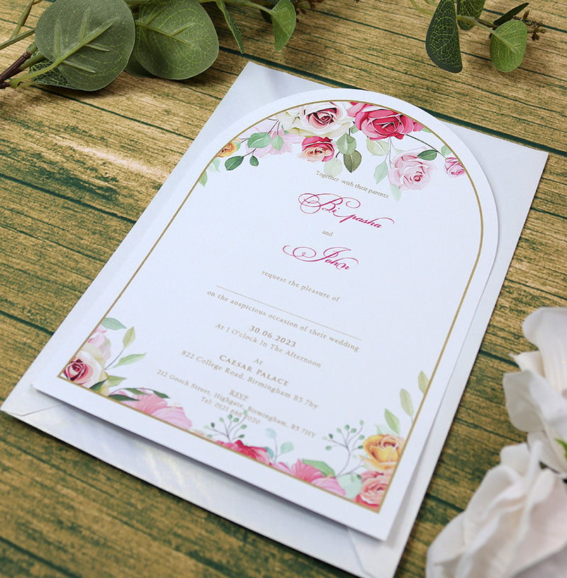 White Arch Pink Floral A5 Invitation ABC 1213