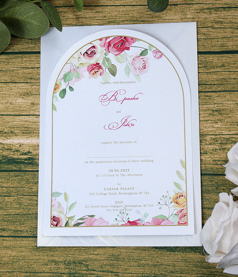 White Arch Pink Floral A5 Invitation ABC 1213