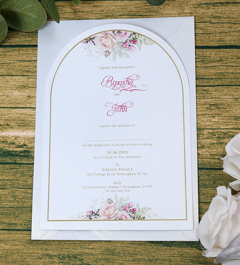 White Arch Pink Floral A5 Invitation ABC 1214