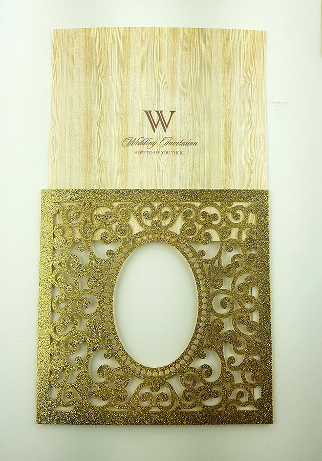 LC 19071 Baroque Glitter Gold Laser Cut Pocket Invitation Design