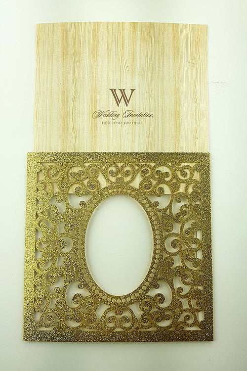 Load image into Gallery viewer, LC 19071 Baroque Glitter Gold Laser Cut Pocket Invitation Design
