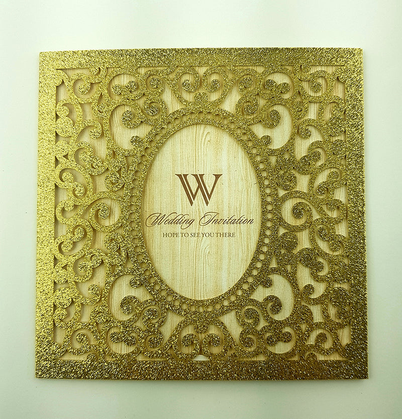 LC 19071 Baroque Glitter Gold Laser Cut Pocket Invitation Design