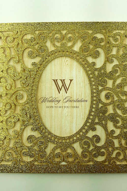 Load image into Gallery viewer, LC 19071 Baroque Glitter Gold Laser Cut Pocket Invitation Design

