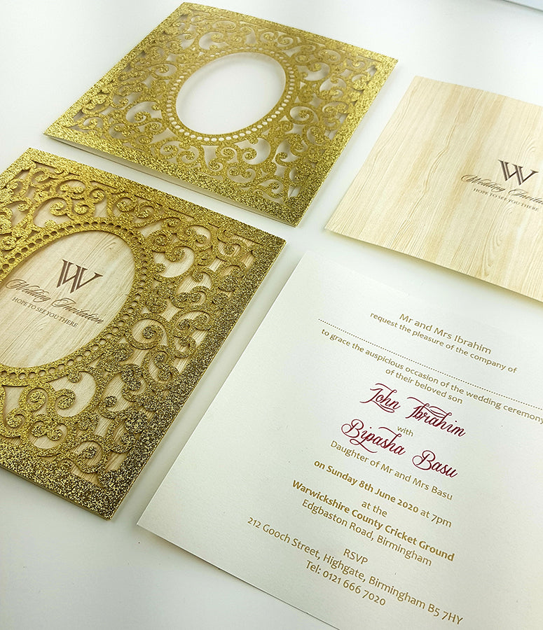LC 19071 Baroque Glitter Gold Laser Cut Pocket Invitation Design