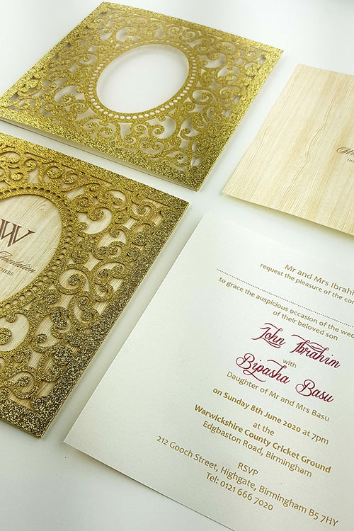 Load image into Gallery viewer, LC 19071 Baroque Glitter Gold Laser Cut Pocket Invitation Design
