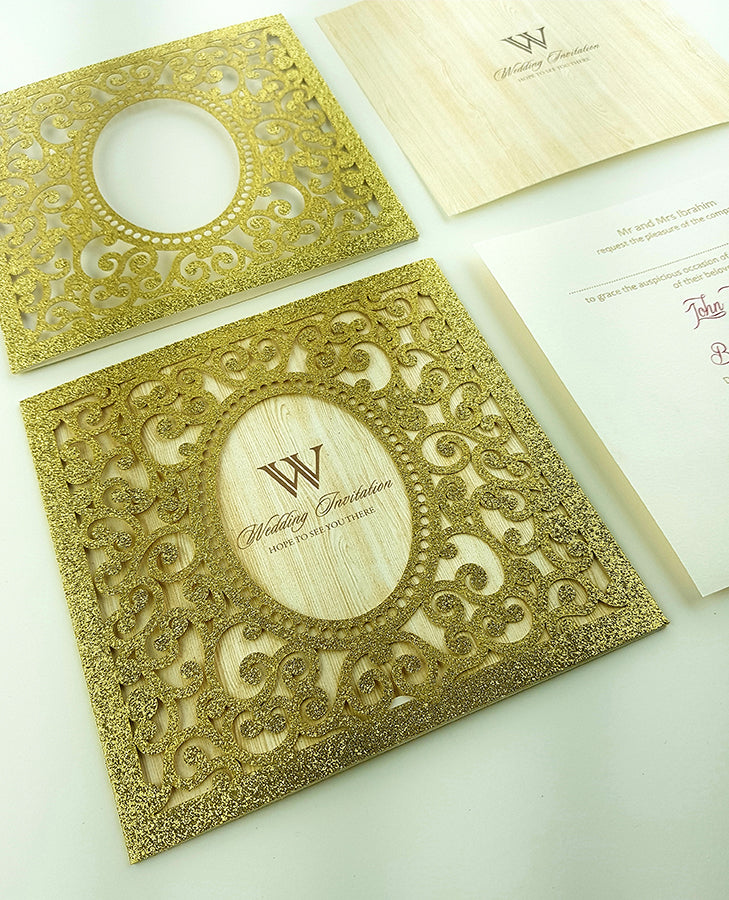 LC 19071 Baroque Glitter Gold Laser Cut Pocket Invitation Design