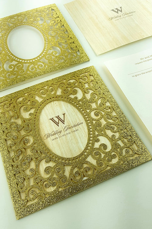 Load image into Gallery viewer, LC 19071 Baroque Glitter Gold Laser Cut Pocket Invitation Design
