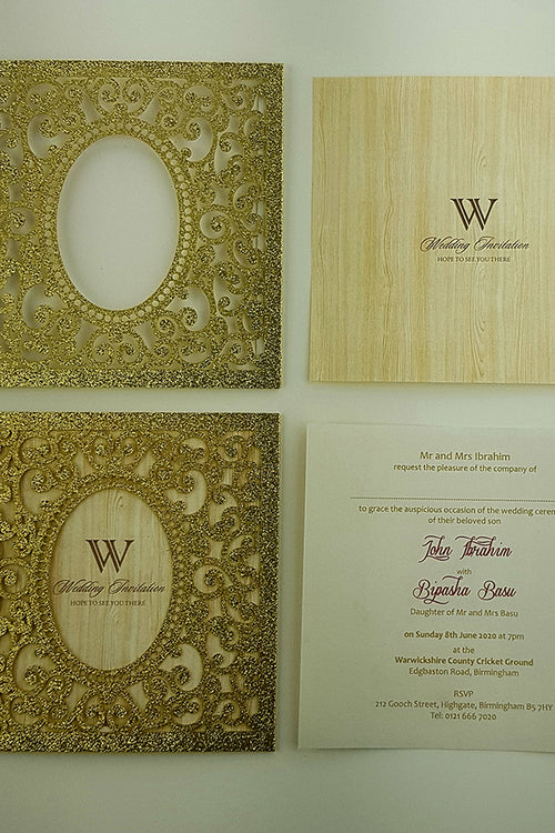 Load image into Gallery viewer, LC 19071 Baroque Glitter Gold Laser Cut Pocket Invitation Design
