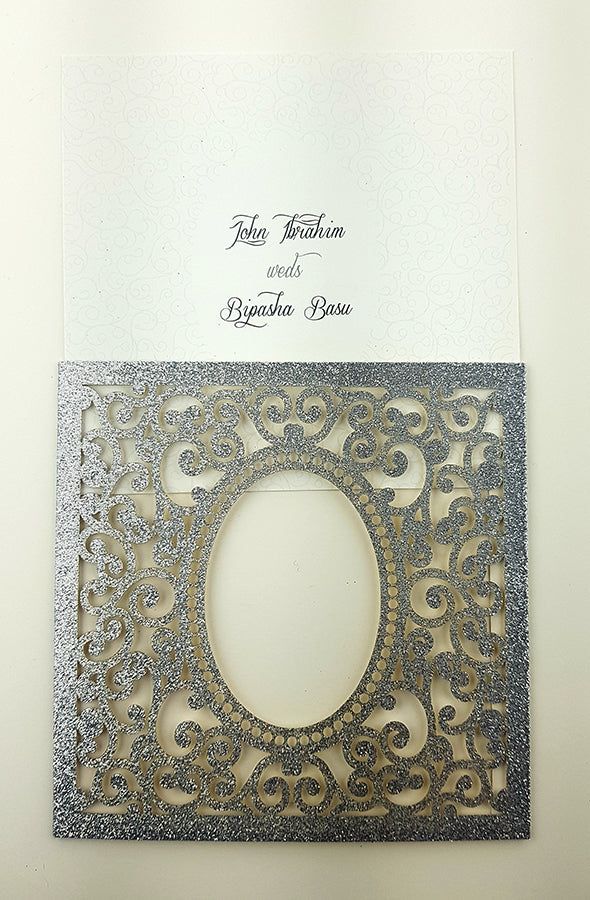 LC 1908 Baroque Glitter Silver Laser Cut Pocket Invitation Design