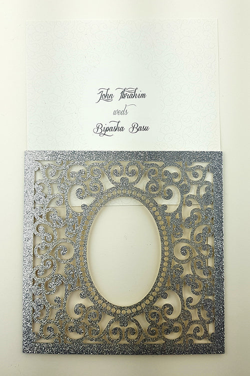 Load image into Gallery viewer, LC 1908 Baroque Glitter Silver Laser Cut Pocket Invitation Design
