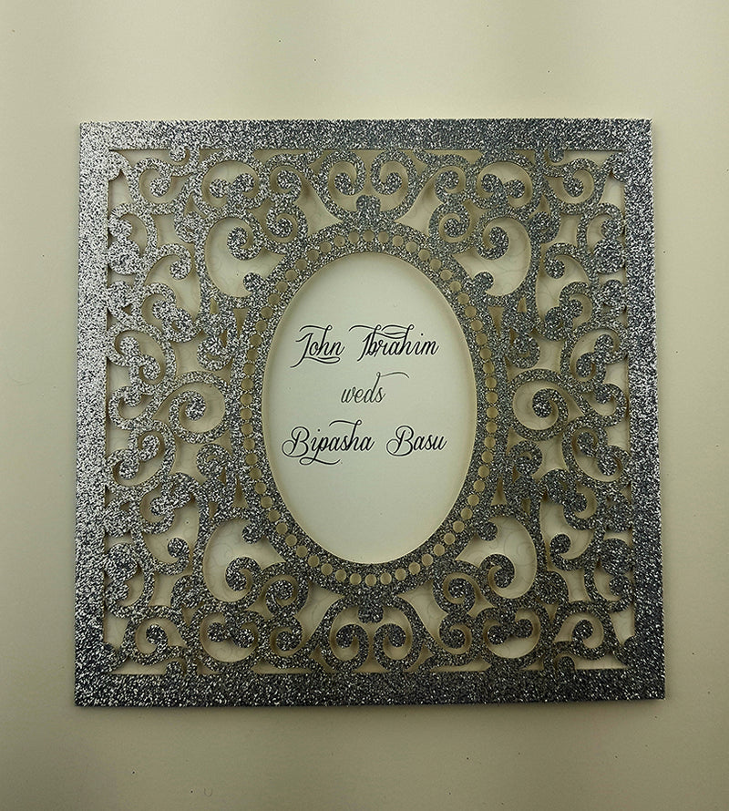 LC 1908 Baroque Glitter Silver Laser Cut Pocket Invitation Design