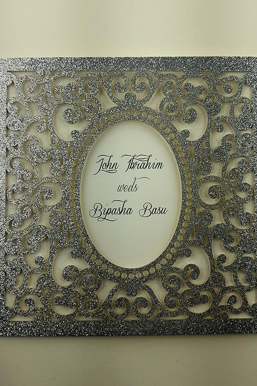 Load image into Gallery viewer, LC 1908 Baroque Glitter Silver Laser Cut Pocket Invitation Design
