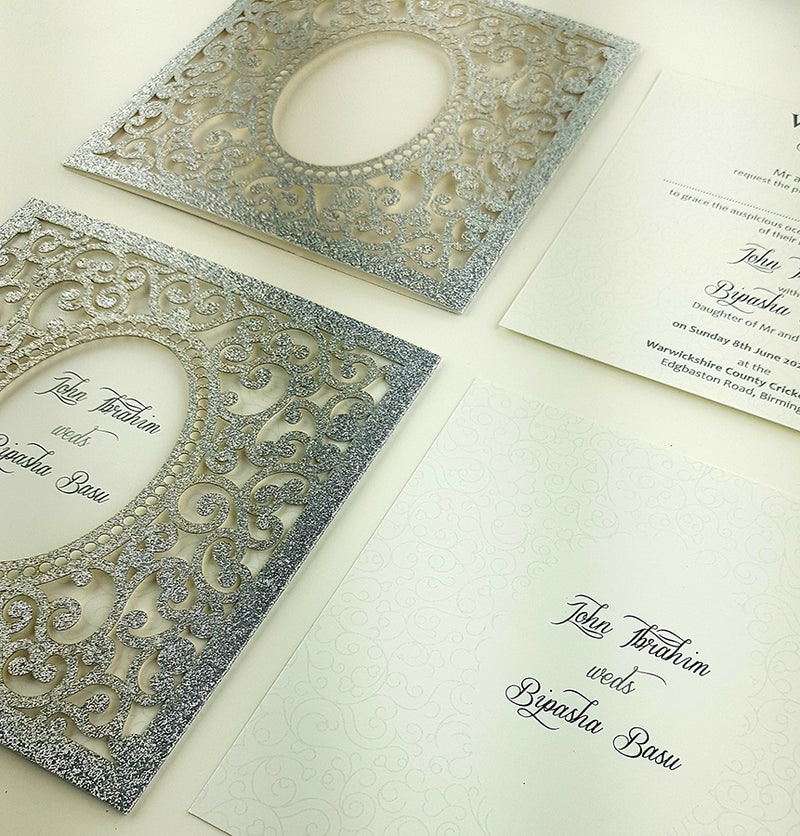 LC 1908 Baroque Glitter Silver Laser Cut Pocket Invitation Design