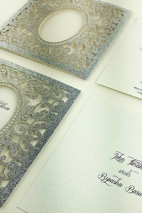 Load image into Gallery viewer, LC 1908 Baroque Glitter Silver Laser Cut Pocket Invitation Design
