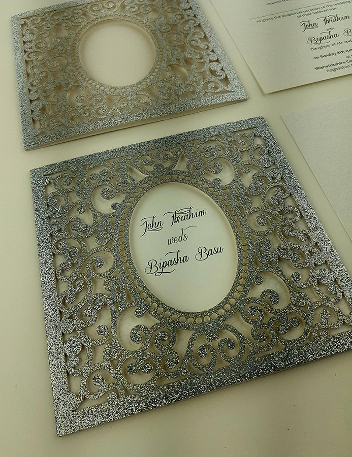 LC 1908 Baroque Glitter Silver Laser Cut Pocket Invitation Design