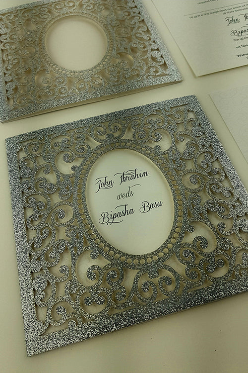 Load image into Gallery viewer, LC 1908 Baroque Glitter Silver Laser Cut Pocket Invitation Design
