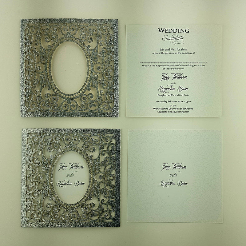 LC 1908 Baroque Glitter Silver Laser Cut Pocket Invitation Design