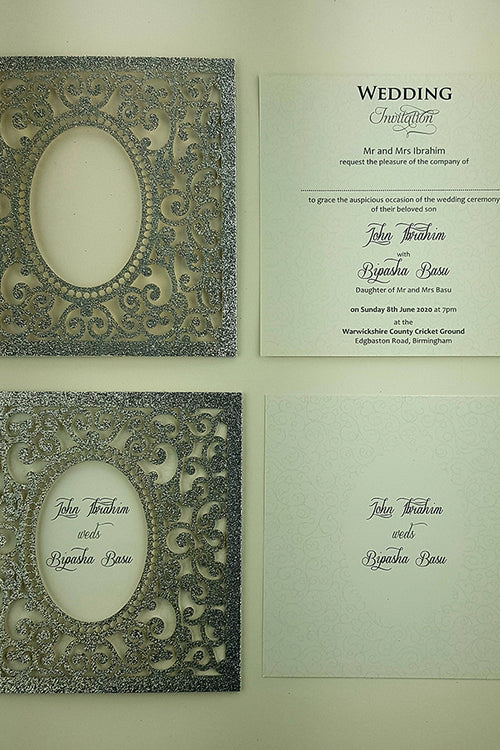 Load image into Gallery viewer, LC 1908 Baroque Glitter Silver Laser Cut Pocket Invitation Design
