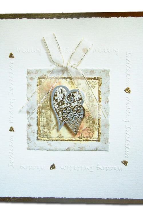 Load image into Gallery viewer, Funky Square wedding invitation with hearts and gilt edges 2004W
