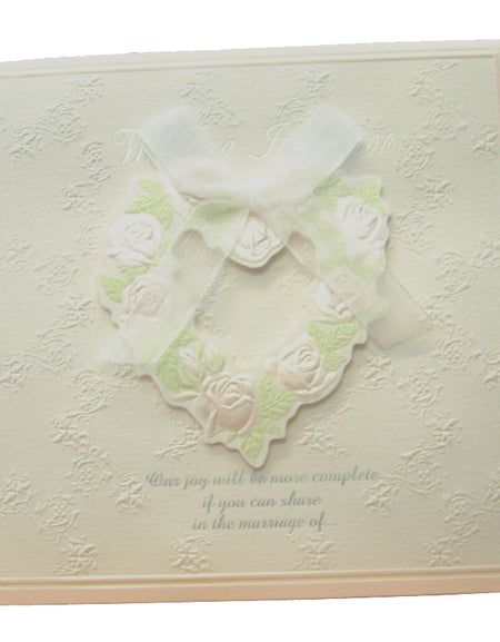 2013W Heart Rose Wreath pink and ecru wedding invitations with Sheer White Bow