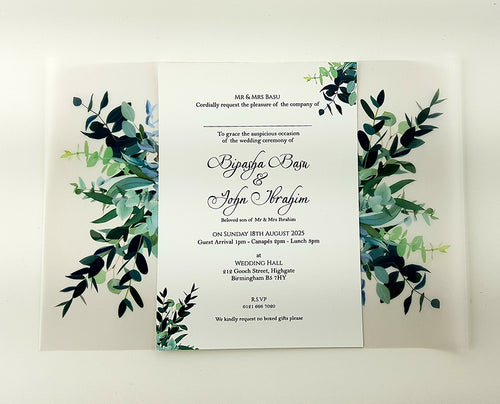 Load image into Gallery viewer, ABC 979 Translucent Rustic Foliage Vellum wrap overlay Invitation
