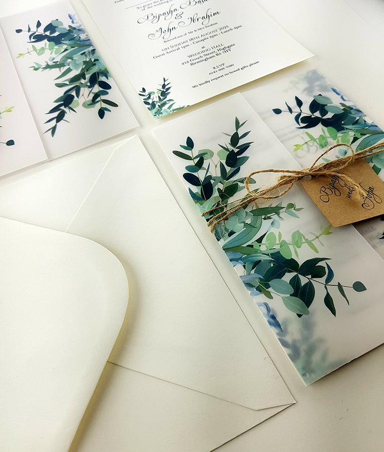 ABC 979 Translucent Rustic Foliage Vellum wrap overlay Invitation