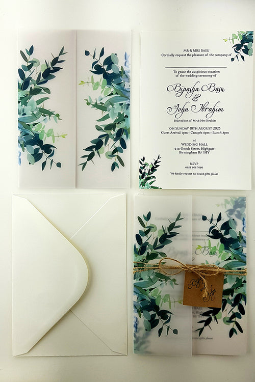 Load image into Gallery viewer, ABC 979 Translucent Rustic Foliage Vellum wrap overlay Invitation
