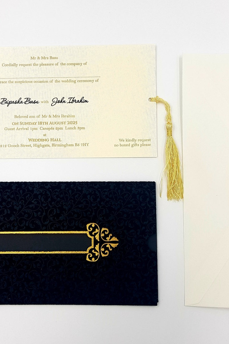 Regal Black and gold Velvet Pocket Invitation with Tassle SC 5626
