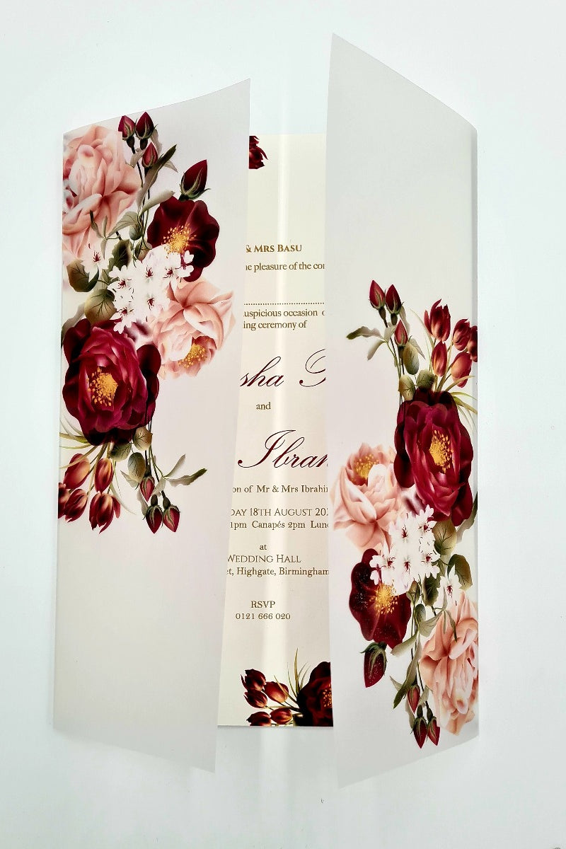 ABC 1095 Maroon & Peachy Pink Floral Translucent Vellum A5 Invitation