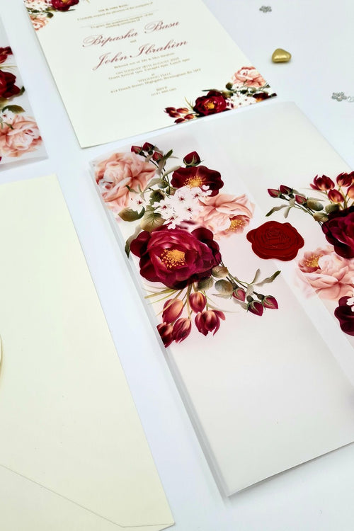 Load image into Gallery viewer, ABC 1095 Maroon &amp; Peachy Pink Floral Translucent Vellum A5 Invitation
