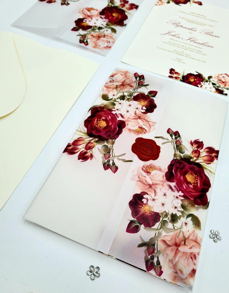ABC 1095 Maroon & Peachy Pink Floral Translucent Vellum A5 Invitation
