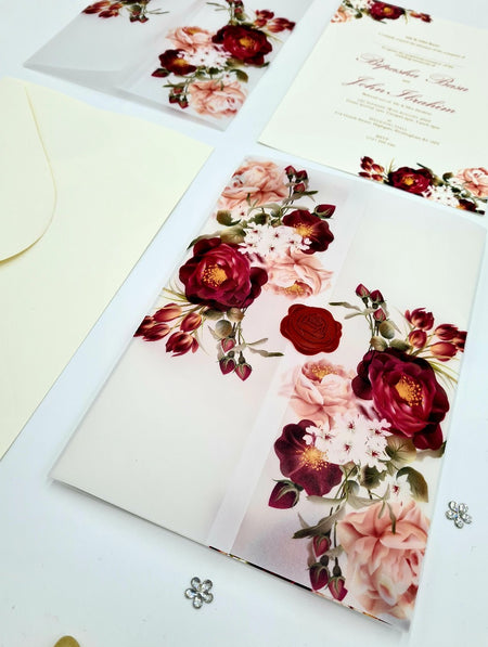 ABC 1095 Maroon & Peachy Pink Floral Translucent Vellum A5 Invitation