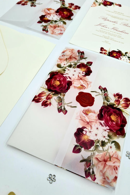 Load image into Gallery viewer, ABC 1095 Maroon &amp; Peachy Pink Floral Translucent Vellum A5 Invitation
