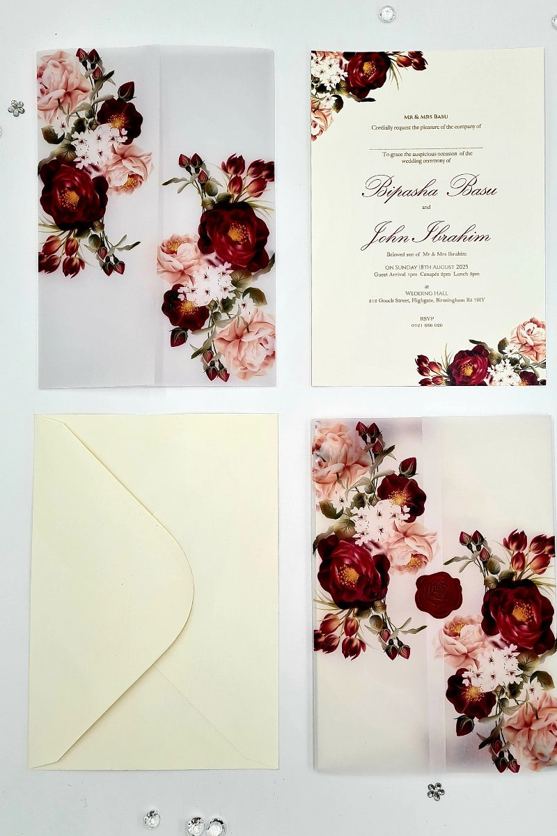 ABC 1095 Maroon & Peachy Pink Floral Translucent Vellum A5 Invitation