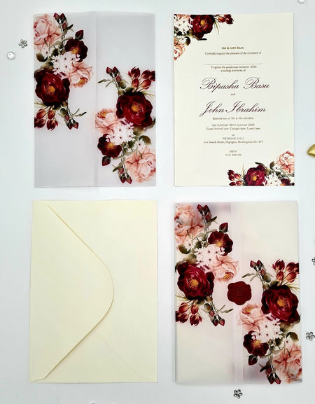 ABC 1095 Maroon & Peachy Pink Floral Translucent Vellum A5 Invitation